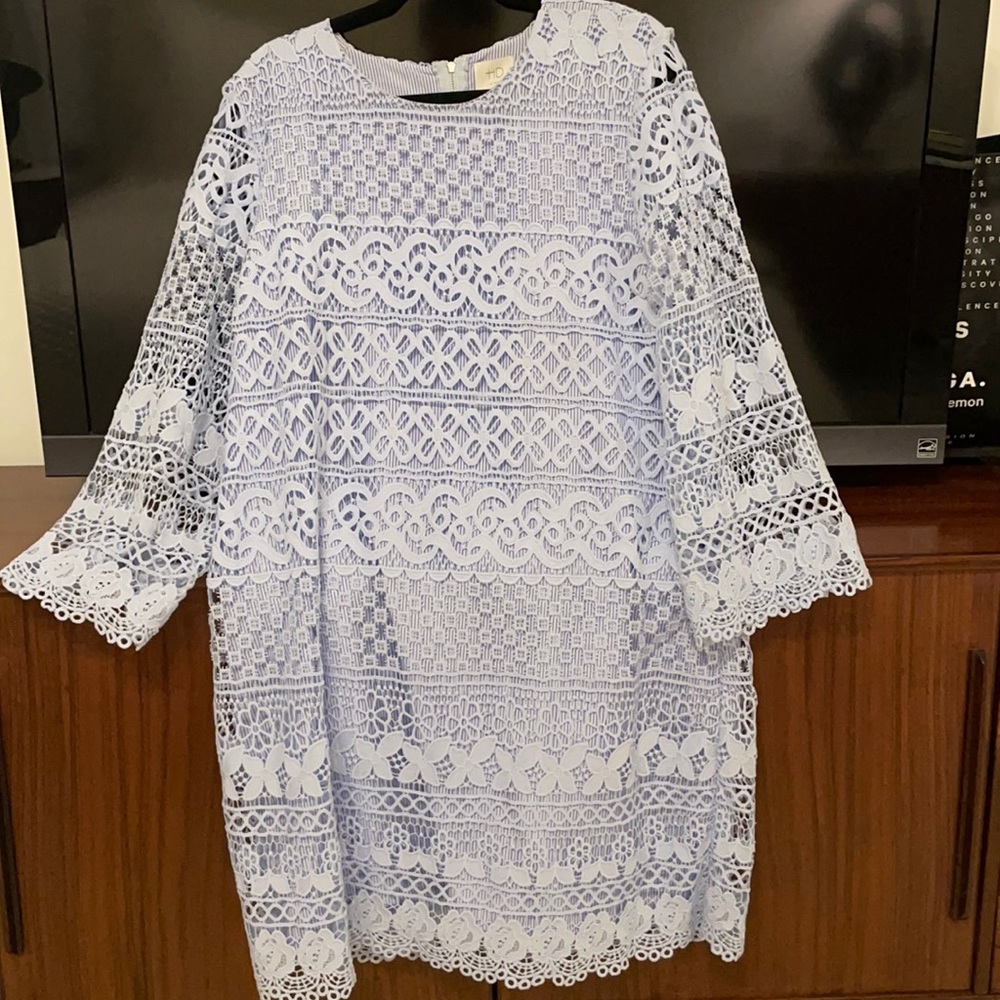 Lilac lace dress with seersucker slip